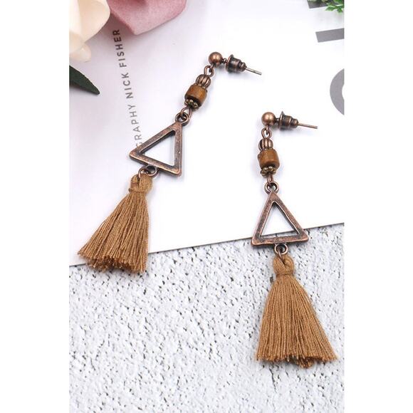 NWT Triangle Tassel Earrings Copper Tan Dangle Geo Boho Bohemian Western Beaded - Picture 1 of 6